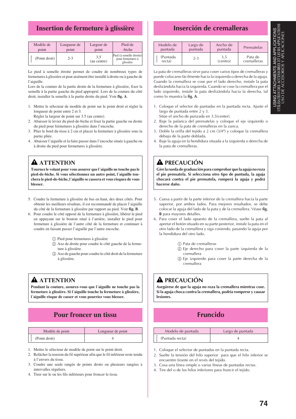 Inserción de cremalleras, Fruncido, Insertion de fermeture à glissière | Pour froncer un tissu, Precaución, Attention | Brother PS-3100 3700 User Manual | Page 86 / 111