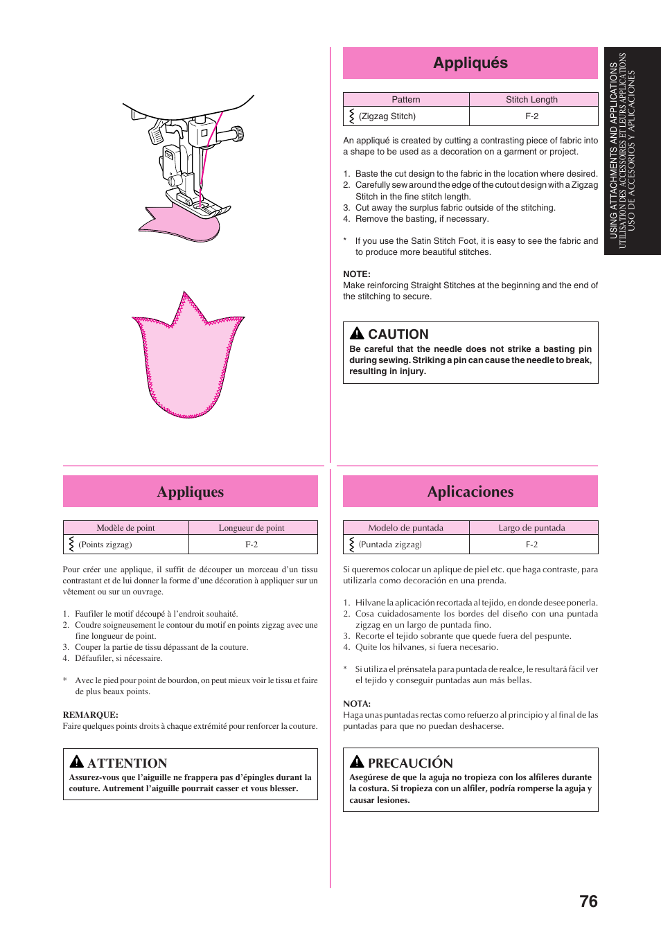 Appliqués, Aplicaciones, Appliques | Caution, Precaución, Attention | Brother PS-3100 3700 User Manual | Page 88 / 111