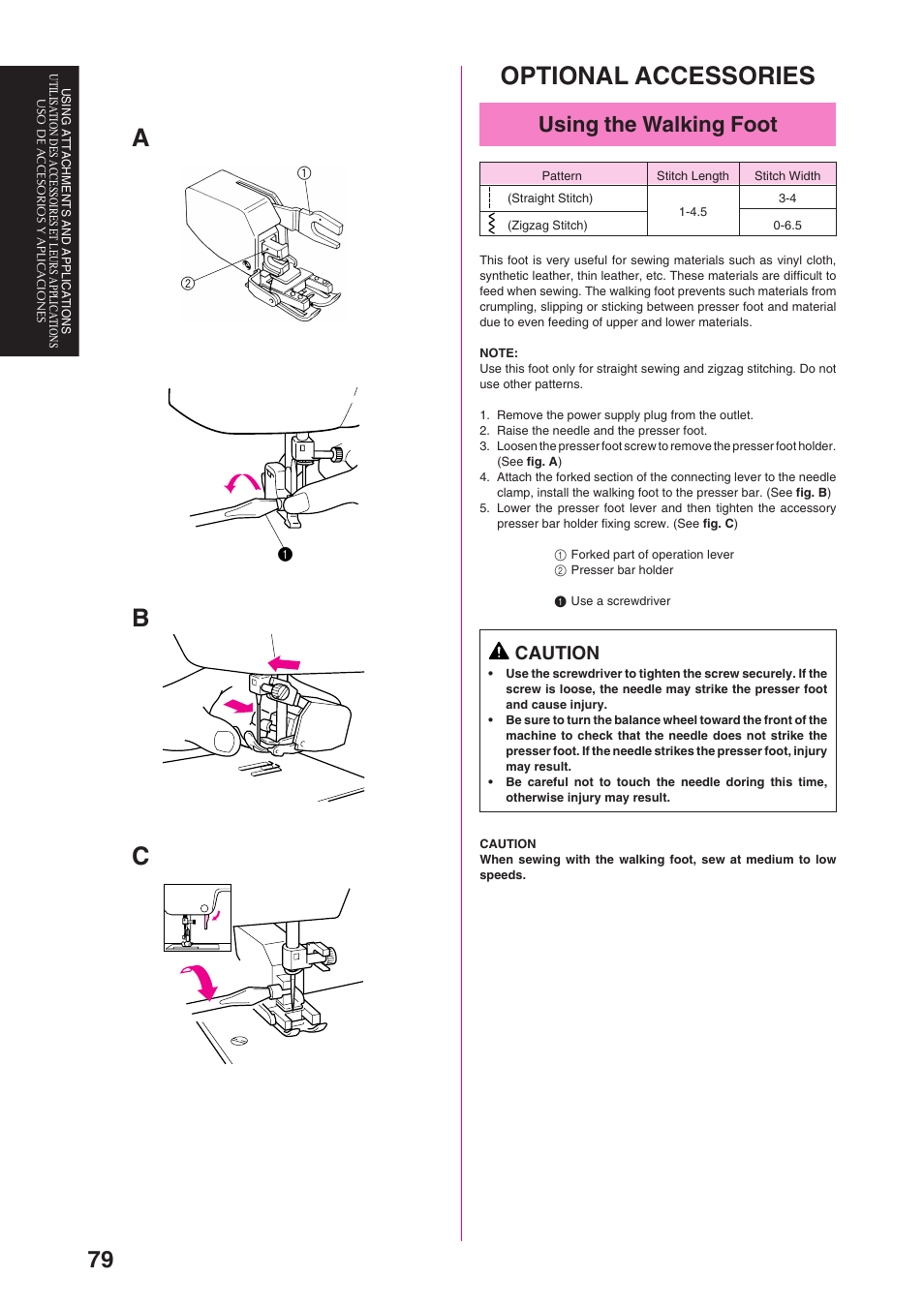 Optional accessories, Cb a, Using the walking foot | Caution | Brother PS-3100 3700 User Manual | Page 91 / 111