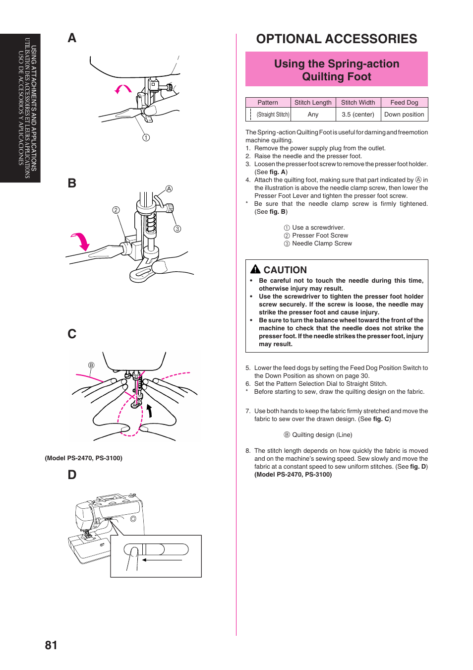 Optional accessories, Using the spring-action quilting foot, Caution | Brother PS-3100 3700 User Manual | Page 93 / 111