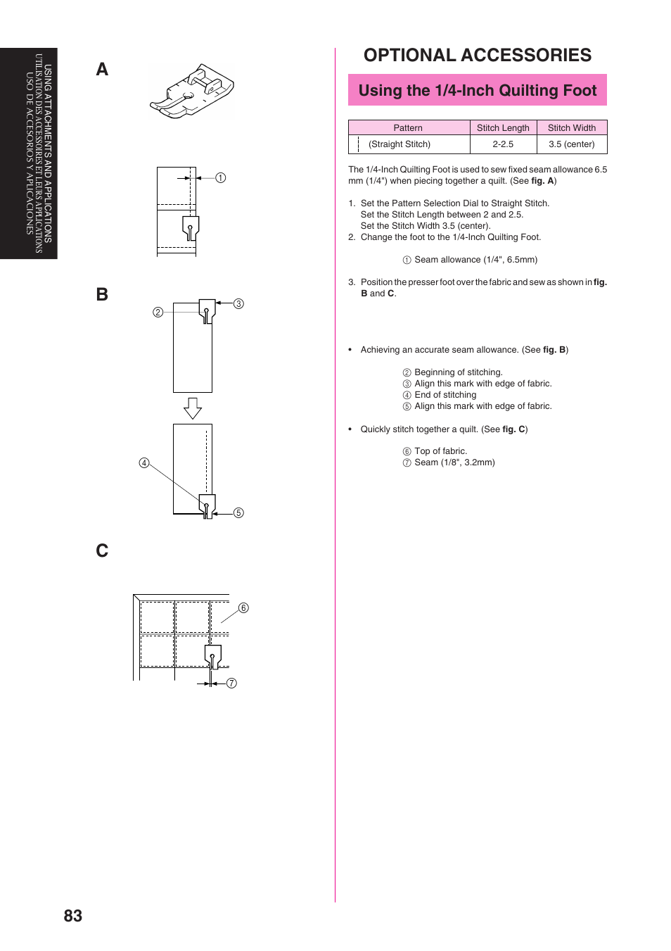 Optional accessories, Ab c, Using the 1/4-inch quilting foot | Brother PS-3100 3700 User Manual | Page 95 / 111