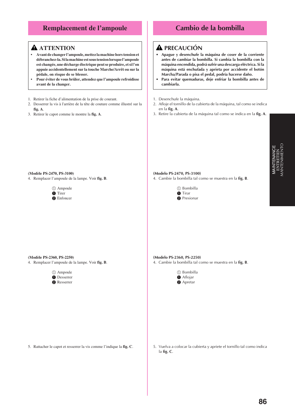 Cambio de la bombilla, Remplacement de l’ampoule, Precaución | Attention | Brother PS-3100 3700 User Manual | Page 98 / 111