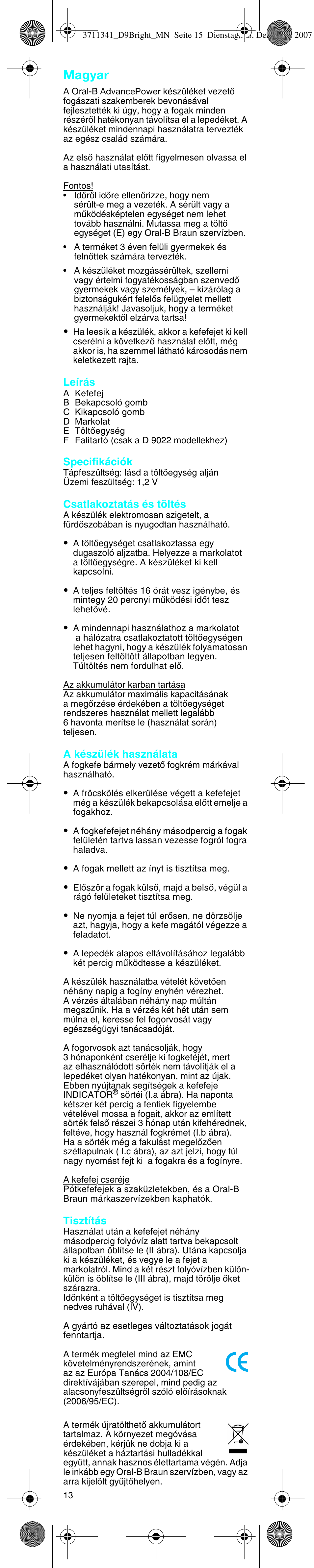 Magyar | Braun D9013 Advance Power User Manual | Page 15 / 21