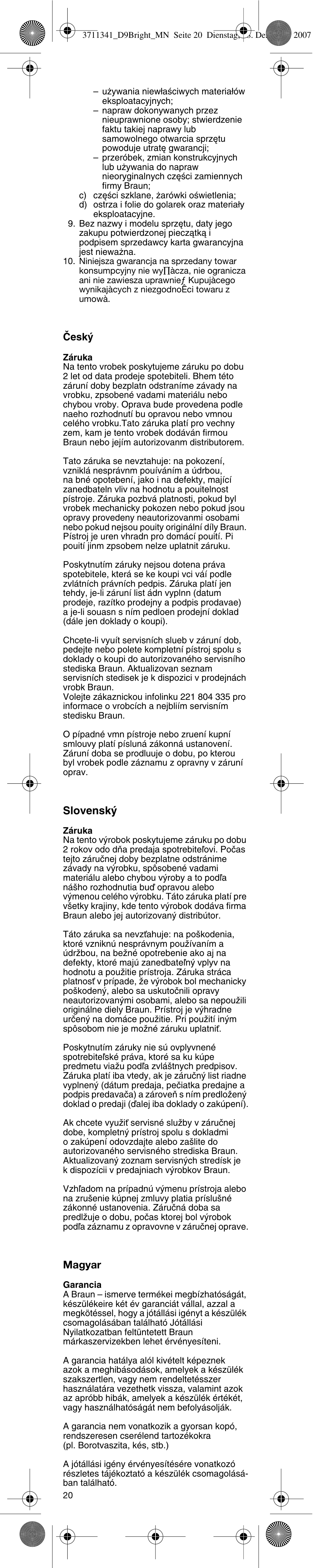 Slovensk, Magyar | Braun D9013 Advance Power User Manual | Page 20 / 21