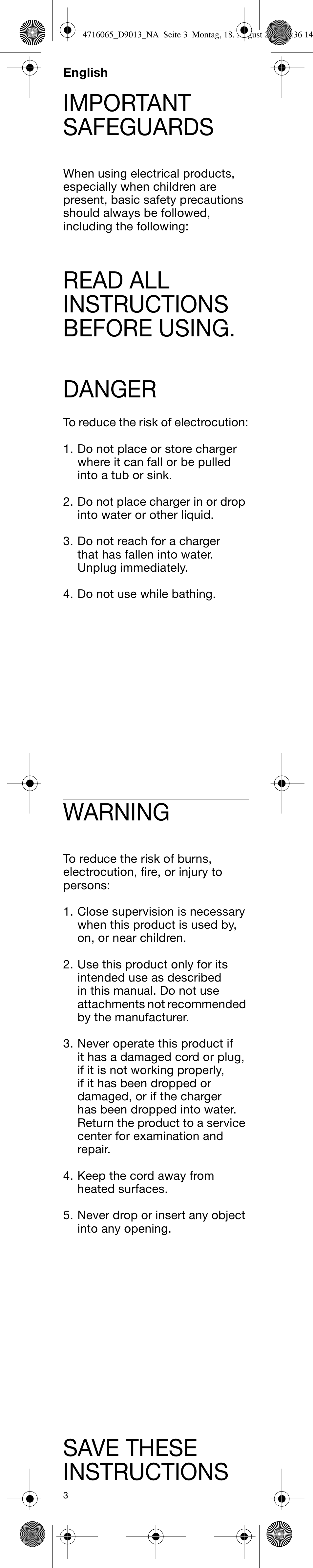 English, Important safeguards, Read all instructions before using. danger | Warning, Save these instructions | Braun D9011-4716 Advance Power User Manual | Page 3 / 16