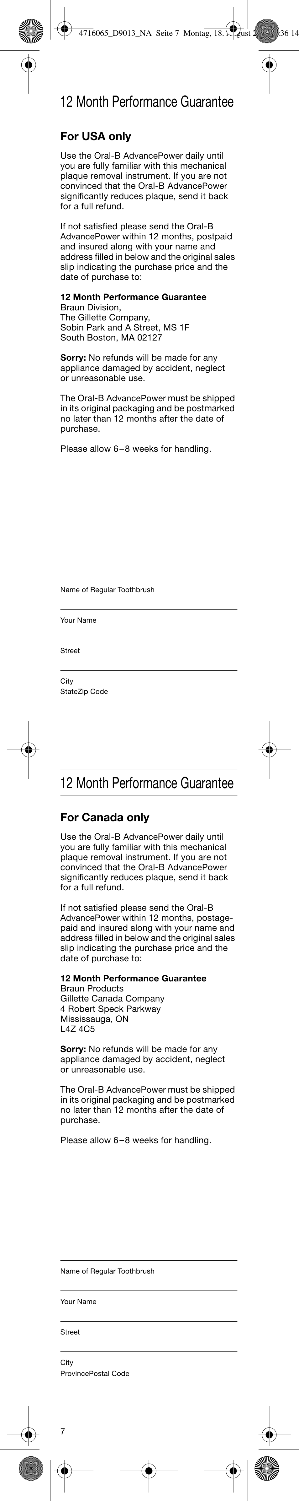 12 month performance guarantee, For usa only, For canada only | Braun D9011-4716 Advance Power User Manual | Page 7 / 16