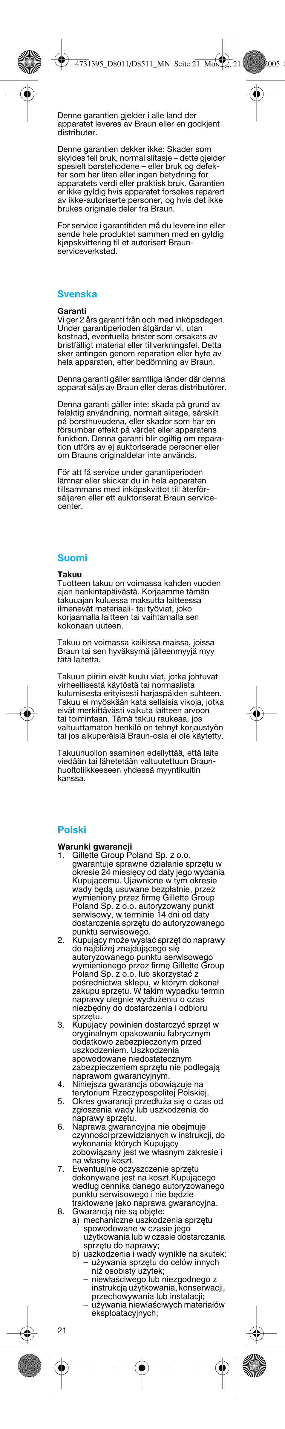 Svenska, Suomi, Polski | Braun D8011 Advance Power User Manual | Page 21 / 26