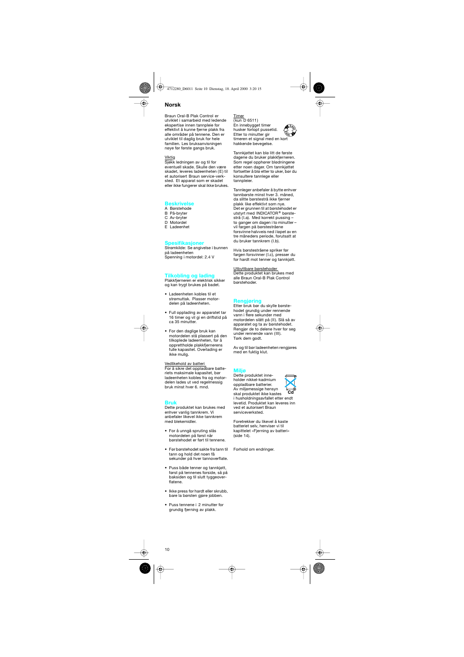 Norsk | Braun D6011 Plak Control User Manual | Page 10 / 20