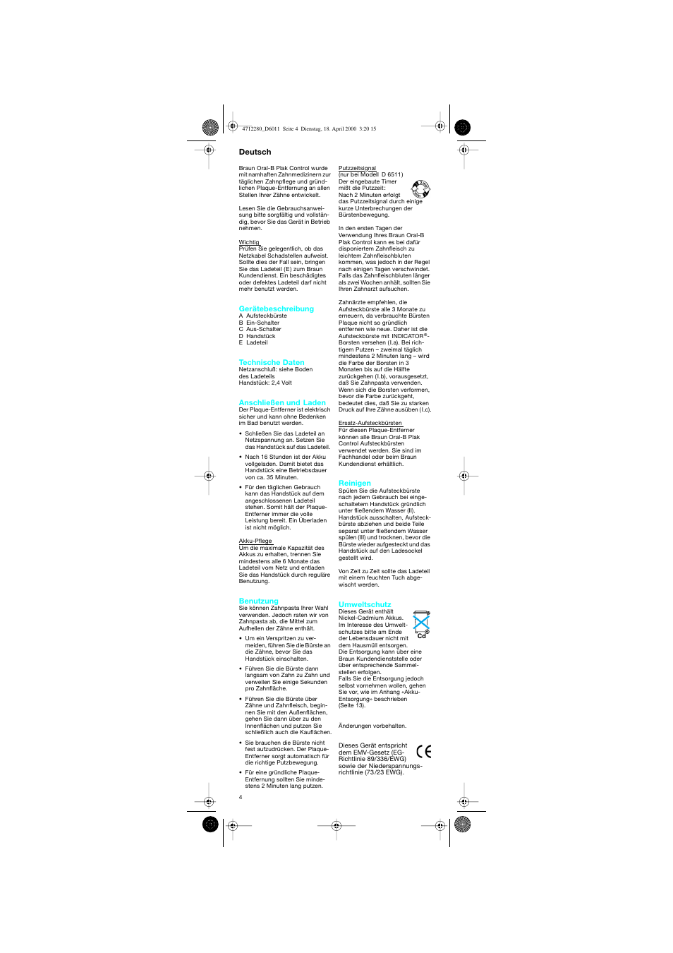 Deutsch | Braun D6011 Plak Control User Manual | Page 4 / 20