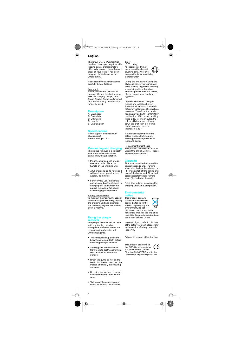 En glish | Braun D6011 Plak Control User Manual | Page 5 / 20