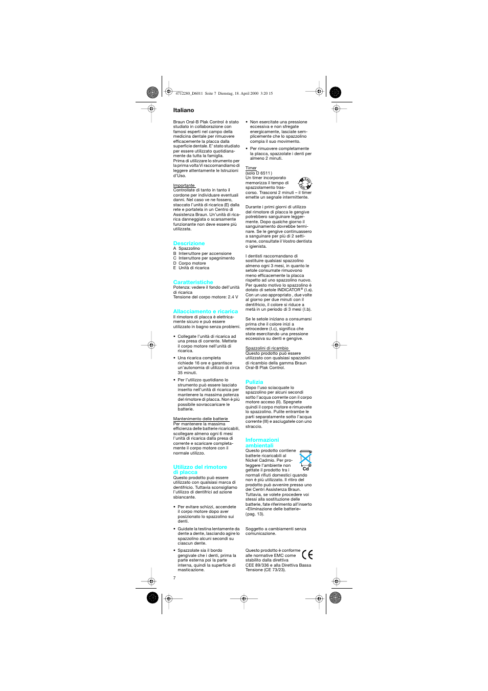 Italiano | Braun D6011 Plak Control User Manual | Page 7 / 20