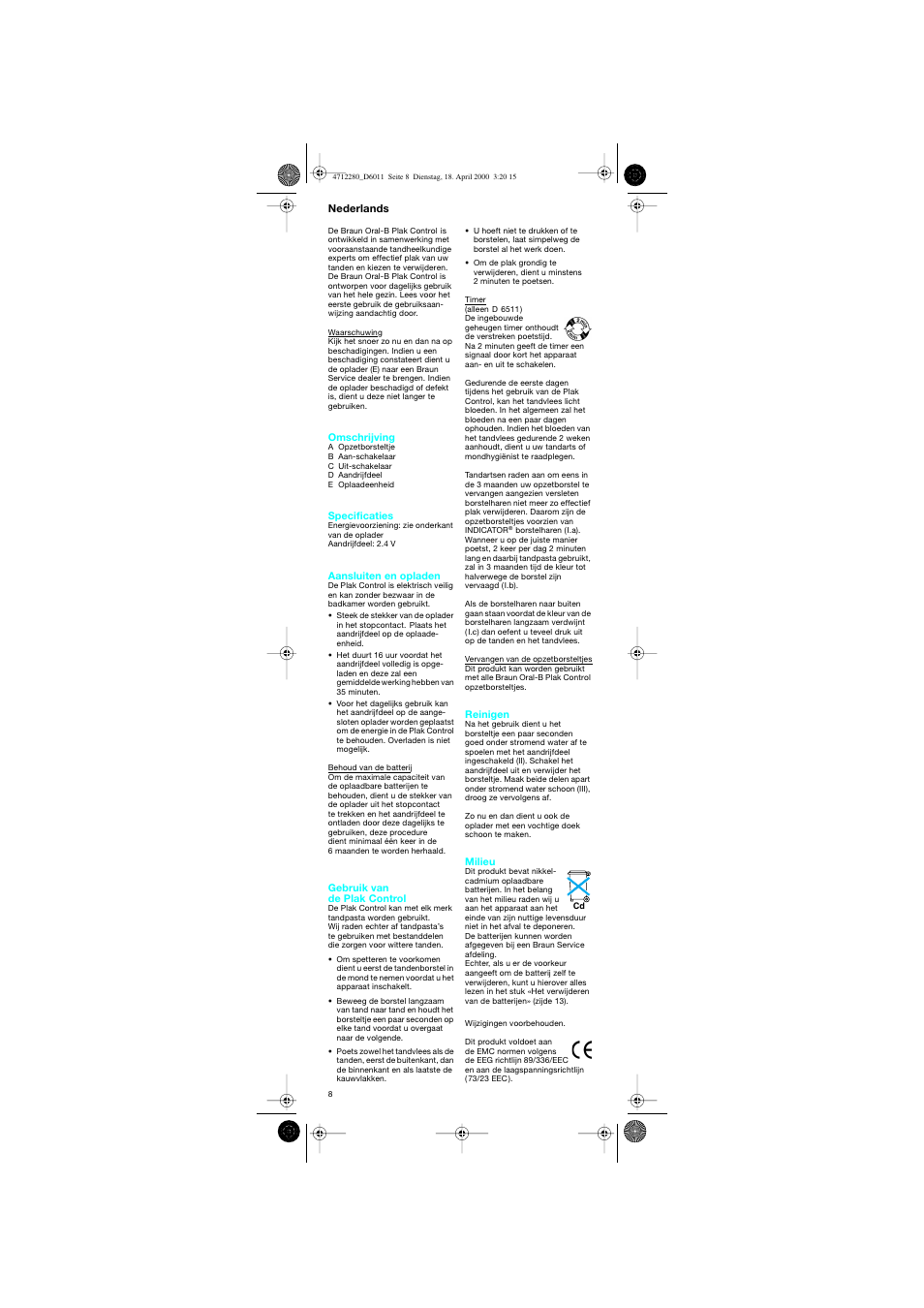 Nederlands | Braun D6011 Plak Control User Manual | Page 8 / 20