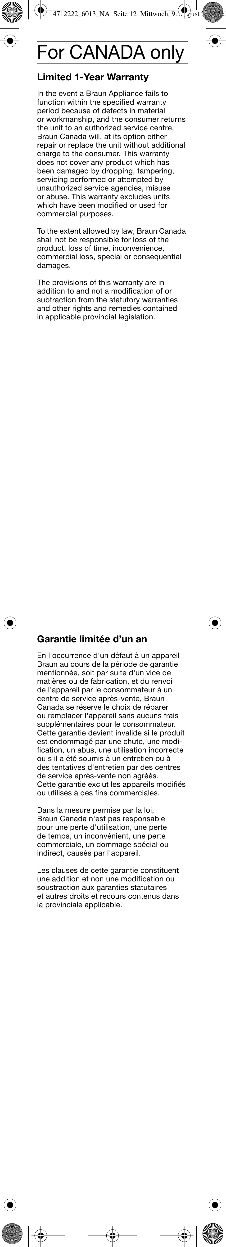 For canada only | Braun D6013 Plaque Remover User Manual | Page 13 / 16