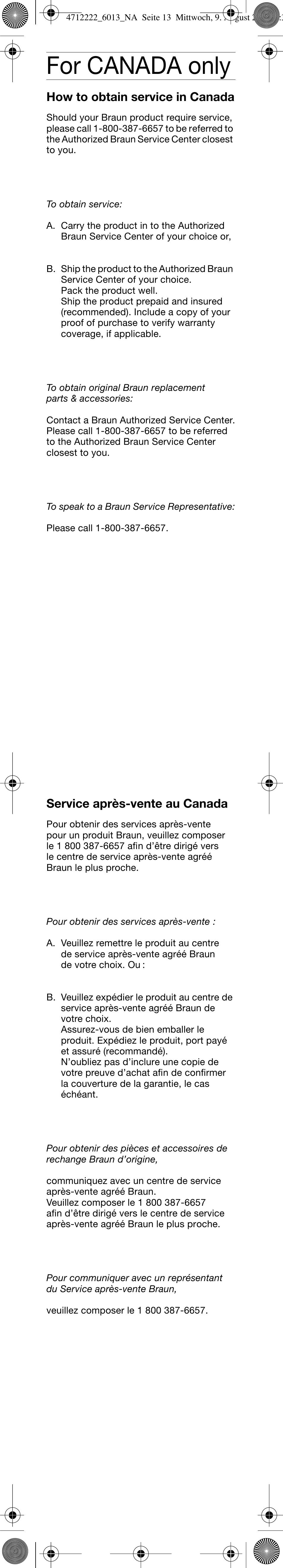 For canada only, How to obtain service in canada, Service après-vente au canada | Braun D6013 Plaque Remover User Manual | Page 14 / 16