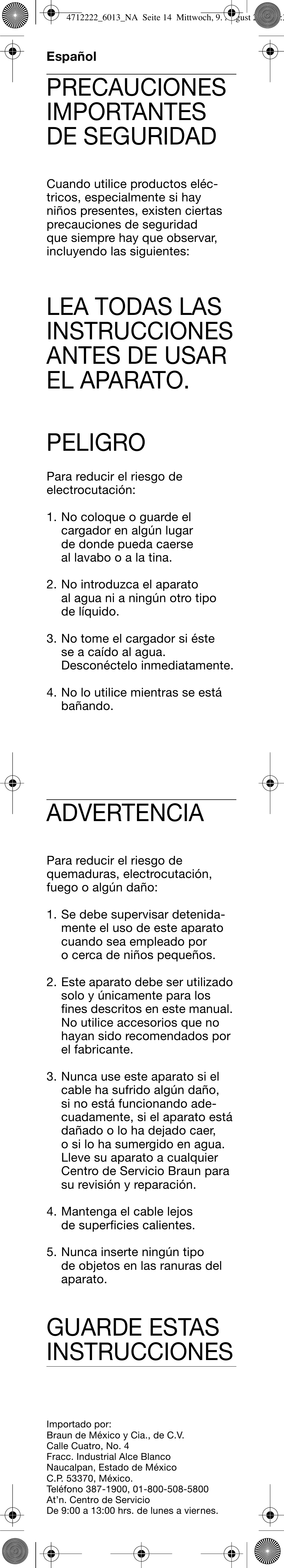 Español, Precauciones importantes de seguridad, Advertencia | Guarde estas instrucciones | Braun D6013 Plaque Remover User Manual | Page 15 / 16