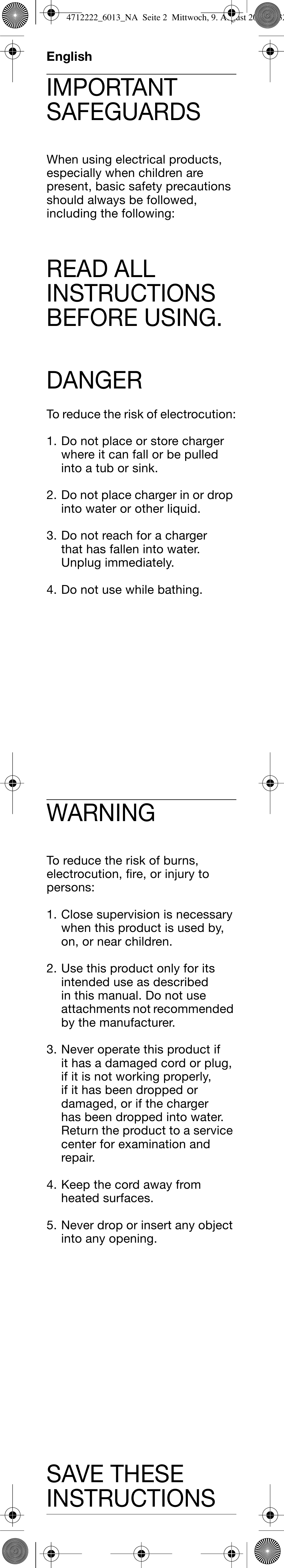 English, Important safeguards, Read all instructions before using. danger | Warning, Save these instructions | Braun D6013 Plaque Remover User Manual | Page 3 / 16