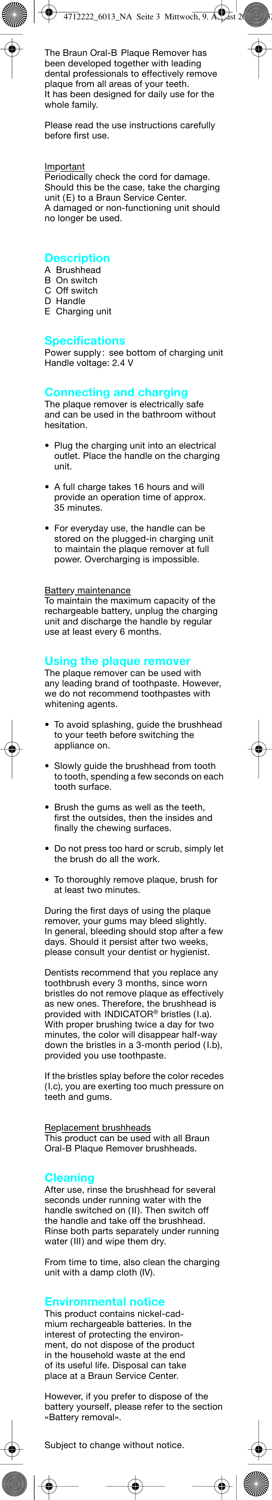 Description, Specifications, Connecting and charging | Using the plaque remover, Cleaning, Environmental notice | Braun D6013 Plaque Remover User Manual | Page 4 / 16