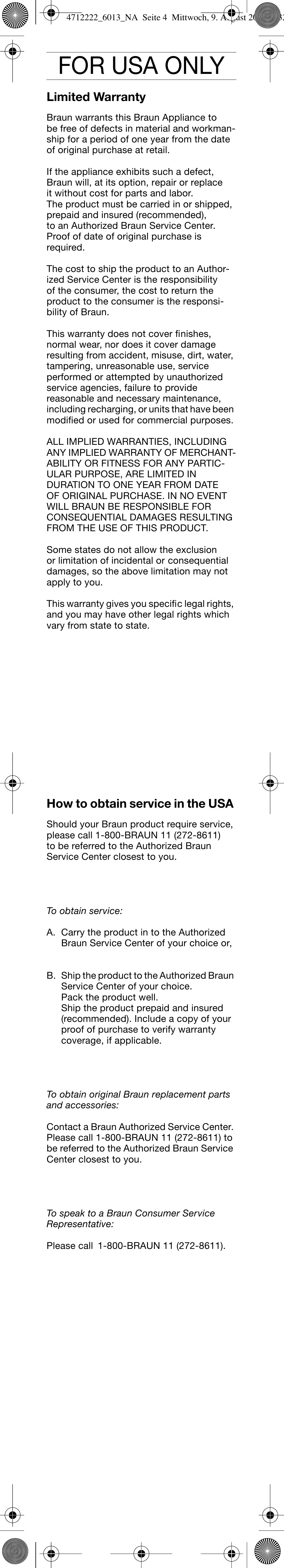 For usa only, Limited warranty, How to obtain service in the usa | Braun D6013 Plaque Remover User Manual | Page 5 / 16
