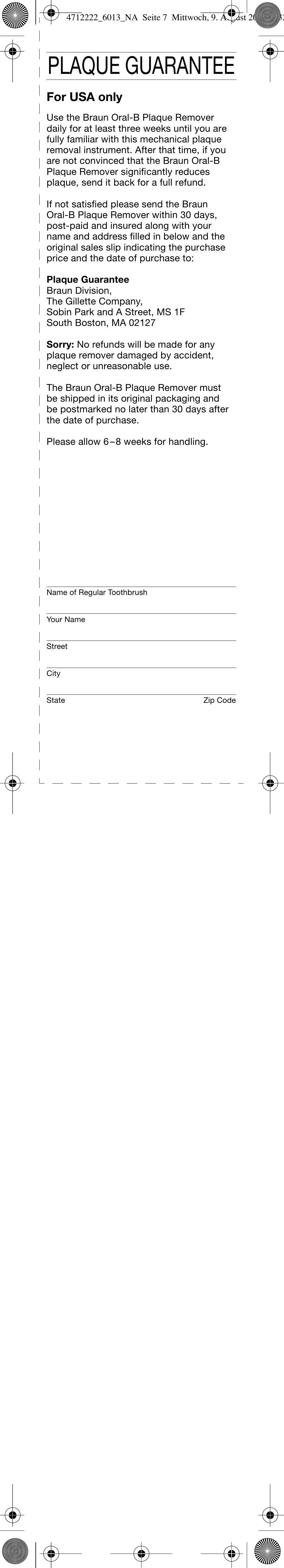Plaque guarantee, For usa only | Braun D6013 Plaque Remover User Manual | Page 8 / 16