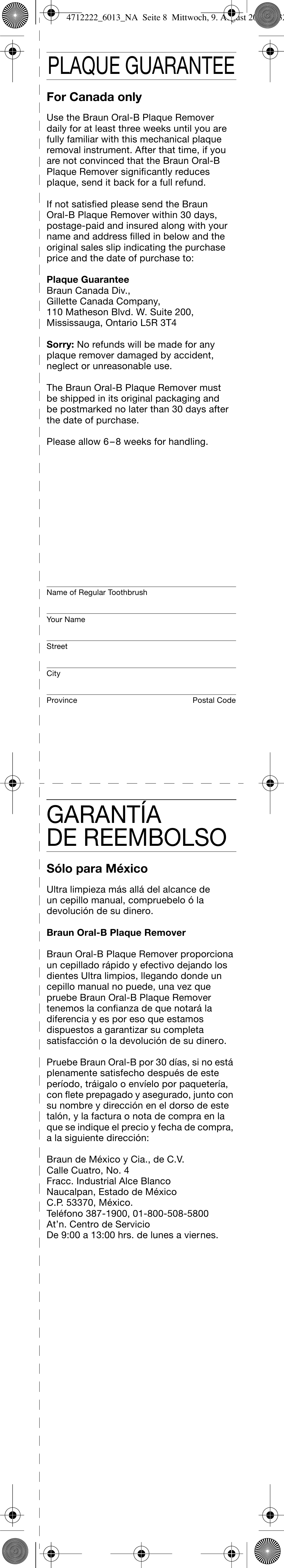 Garantía de reembolso, Plaque guarantee, Sólo para méxico | For canada only | Braun D6013 Plaque Remover User Manual | Page 9 / 16