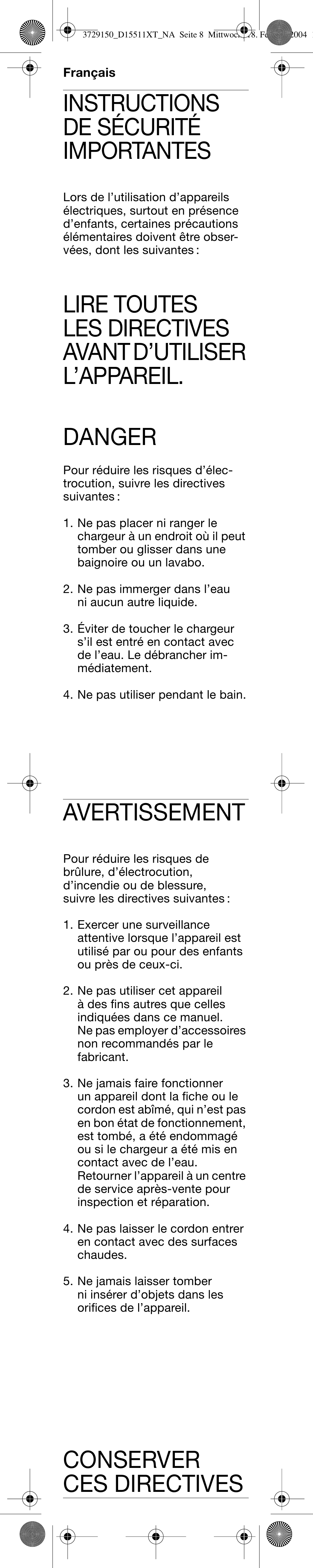 Français, Instructions de sécurité importantes, Avertissement | Conserver ces directives | Braun D15535 Professional Care User Manual | Page 9 / 16