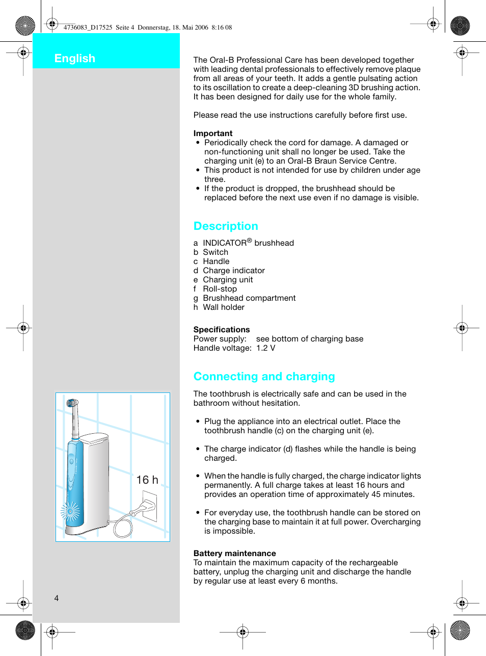 Description, Connecting and charging, 16 h english | Braun D17525 Professional Care User Manual | Page 4 / 50