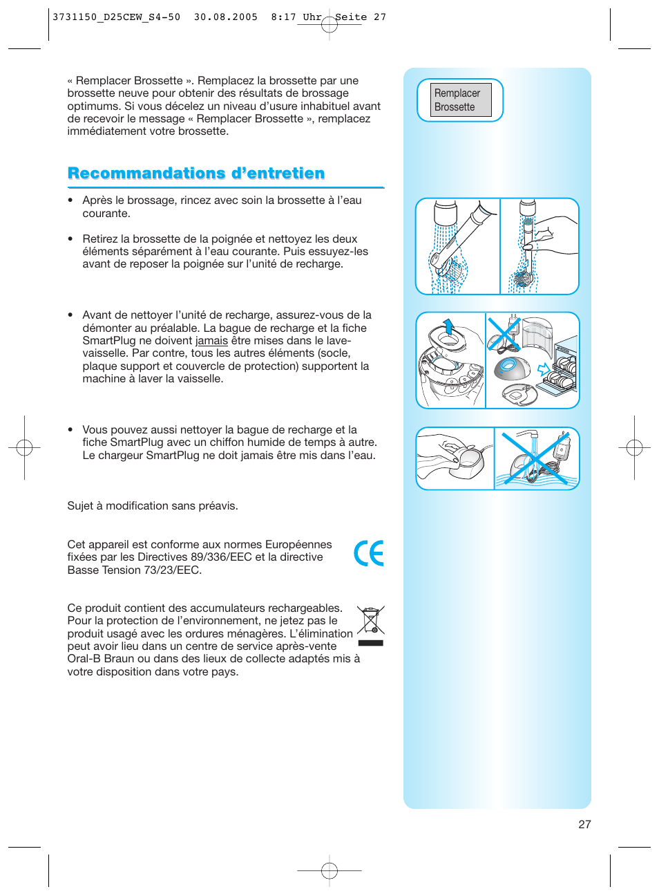 Recommandations d’entr, Recommandations d’entr etien etien | Braun D25500 Triumph Professional Care 9500 User Manual | Page 27 / 47