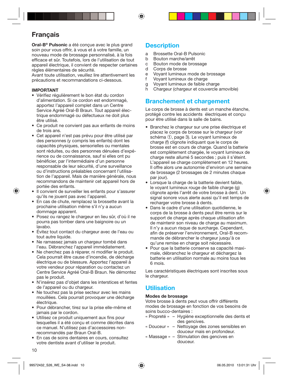 Français, Description, Branchement et chargement | Utilisation | Braun S26.523.3 Pulsonic User Manual | Page 10 / 36