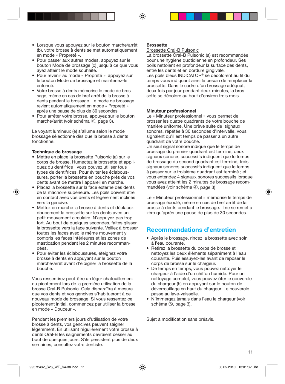 Recommandations d’entretien | Braun S26.523.3 Pulsonic User Manual | Page 11 / 36