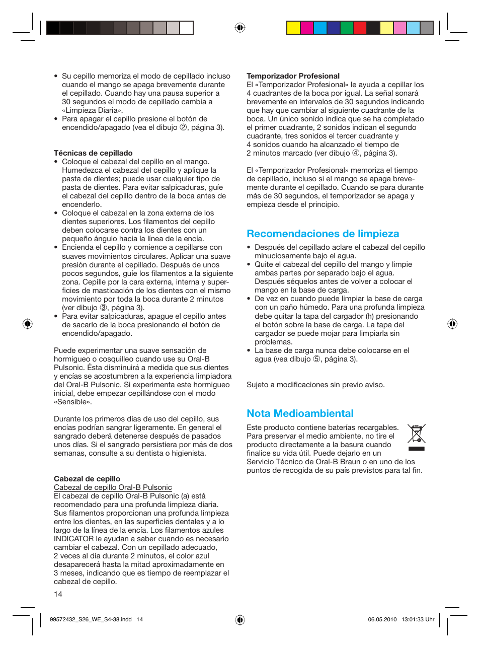 Recomendaciones de limpieza, Nota medioambiental | Braun S26.523.3 Pulsonic User Manual | Page 14 / 36