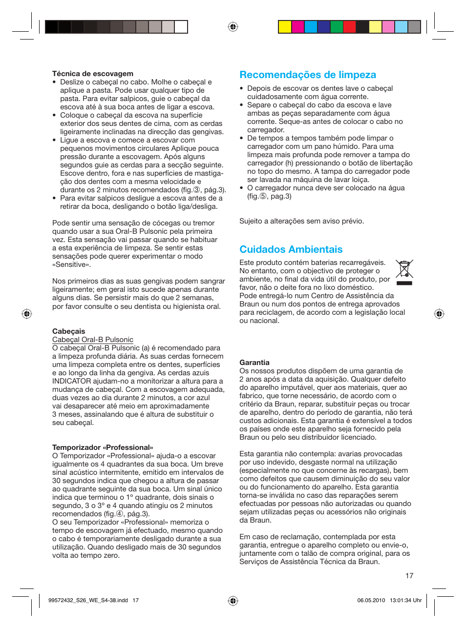 Recomendações de limpeza, Cuidados ambientais | Braun S26.523.3 Pulsonic User Manual | Page 17 / 36
