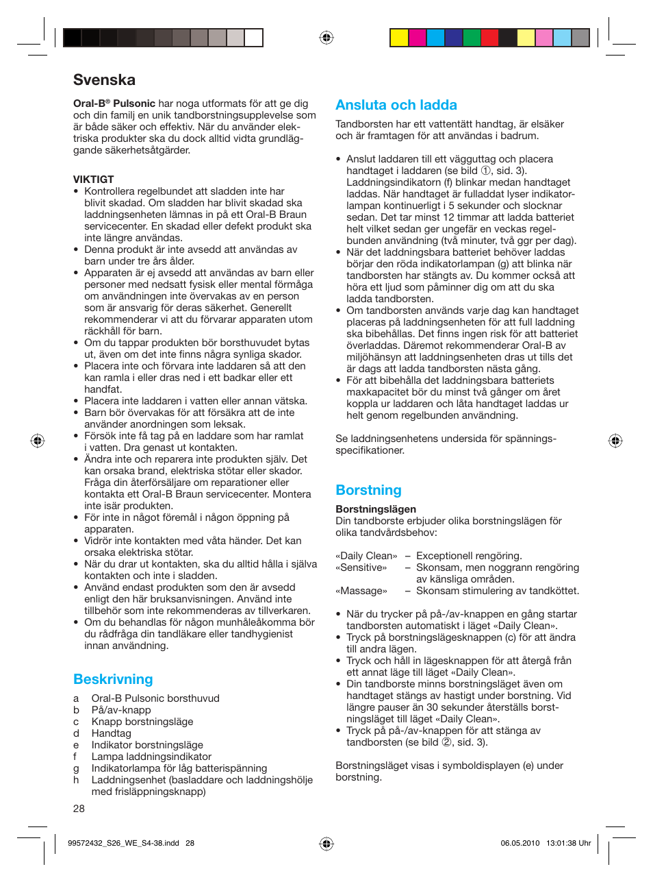 Svenska, Beskrivning, Ansluta och ladda | Borstning | Braun S26.523.3 Pulsonic User Manual | Page 28 / 36