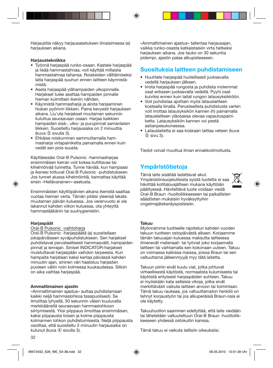 Suosituksia laitteen puhdistamiseen, Ympäristötietoja | Braun S26.523.3 Pulsonic User Manual | Page 32 / 36