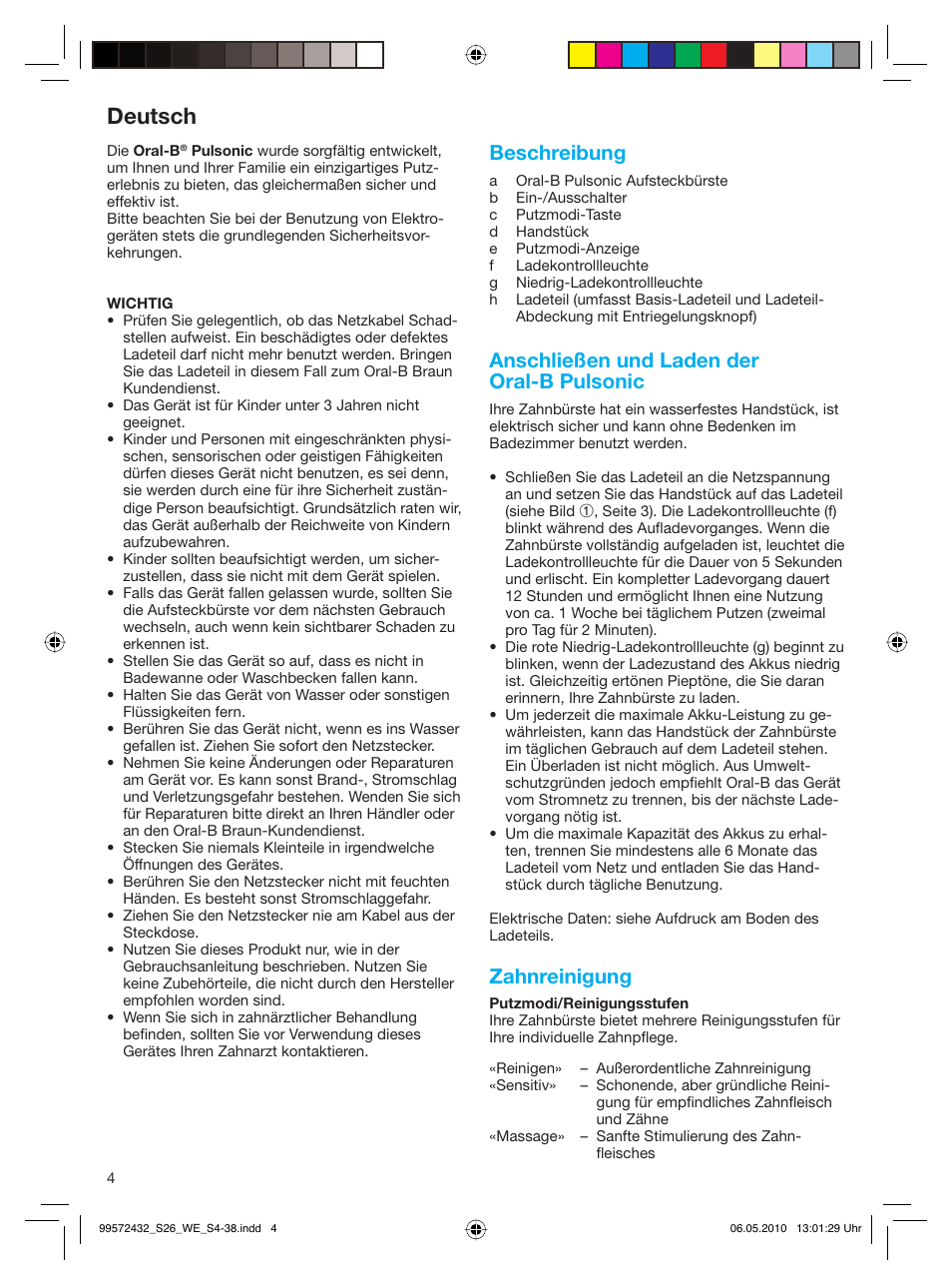 Deutsch, Beschreibung, Anschließen und laden der oral-b pulsonic | Zahnreinigung | Braun S26.523.3 Pulsonic User Manual | Page 4 / 36