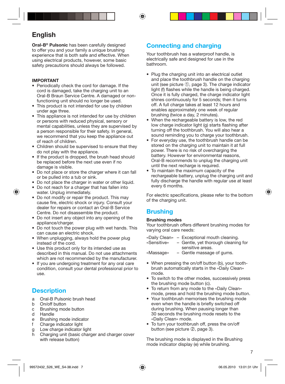 English, Description, Connecting and charging | Brushing | Braun S26.523.3 Pulsonic User Manual | Page 7 / 36