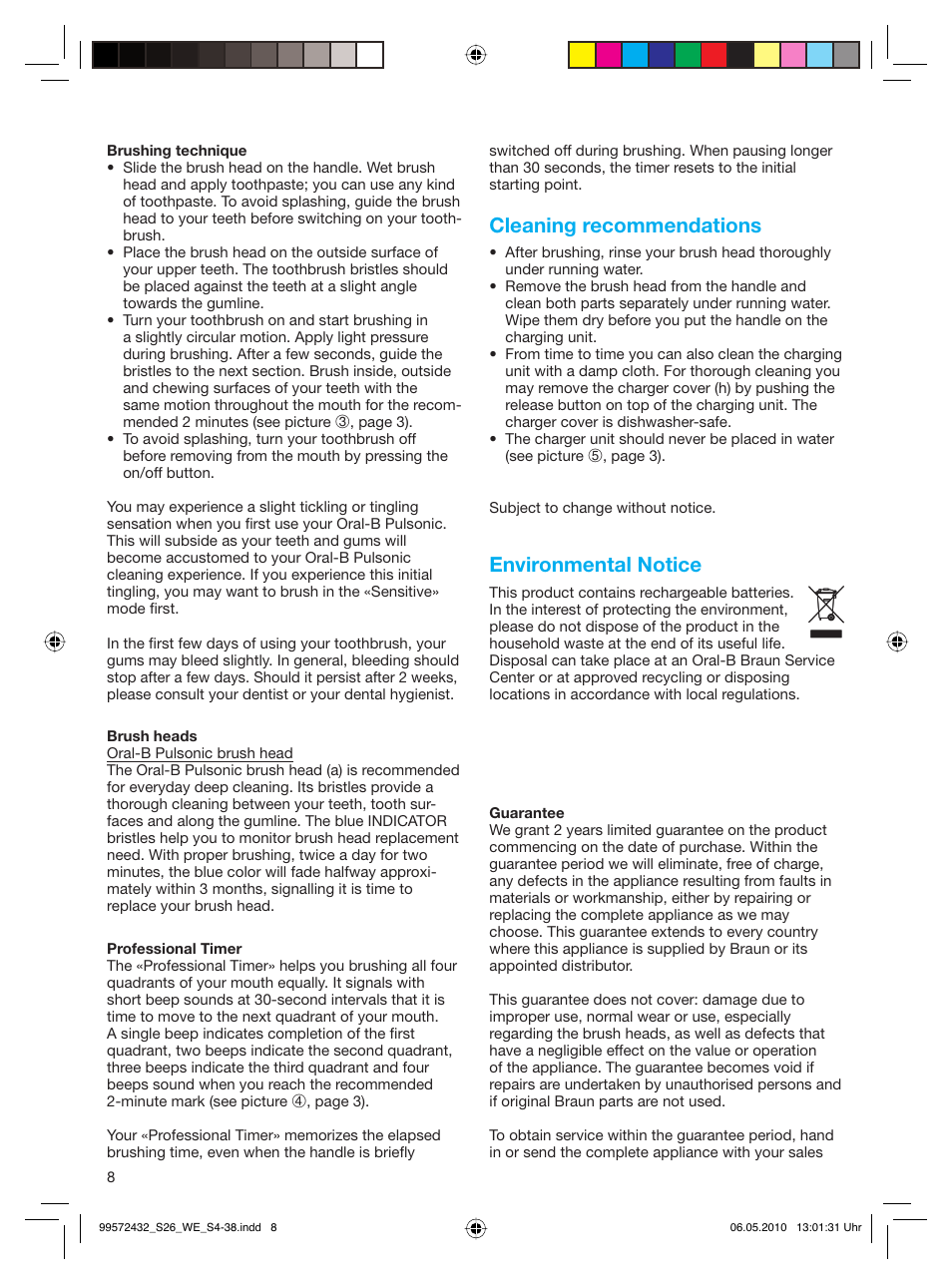 Cleaning recommendations, Environmental notice | Braun S26.523.3 Pulsonic User Manual | Page 8 / 36