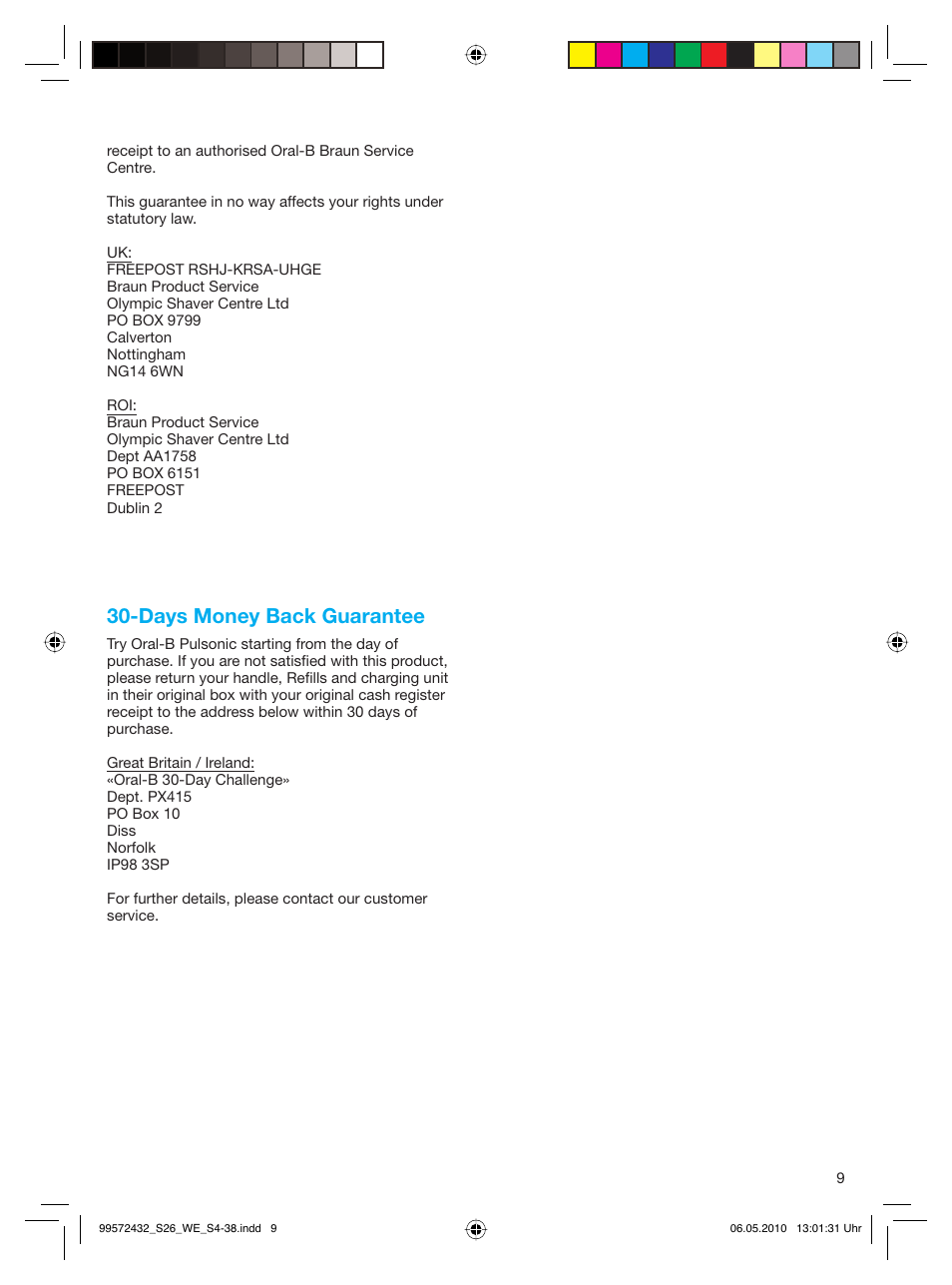 Days money back guarantee | Braun S26.523.3 Pulsonic User Manual | Page 9 / 36