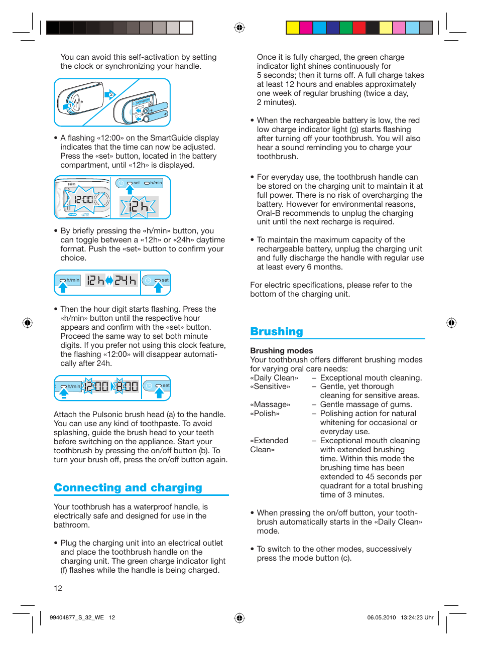 Connecting and charging, Brushing | Braun S32.533.5 Pulsonic SmartSeries User Manual | Page 12 / 80