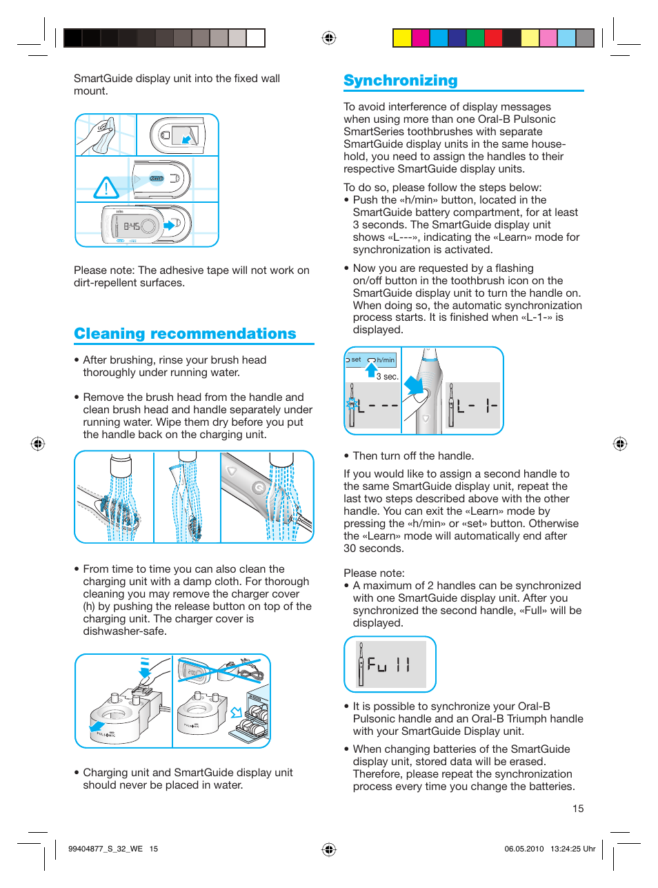 Cleaning recommendations, Synchronizing | Braun S32.533.5 Pulsonic SmartSeries User Manual | Page 15 / 80