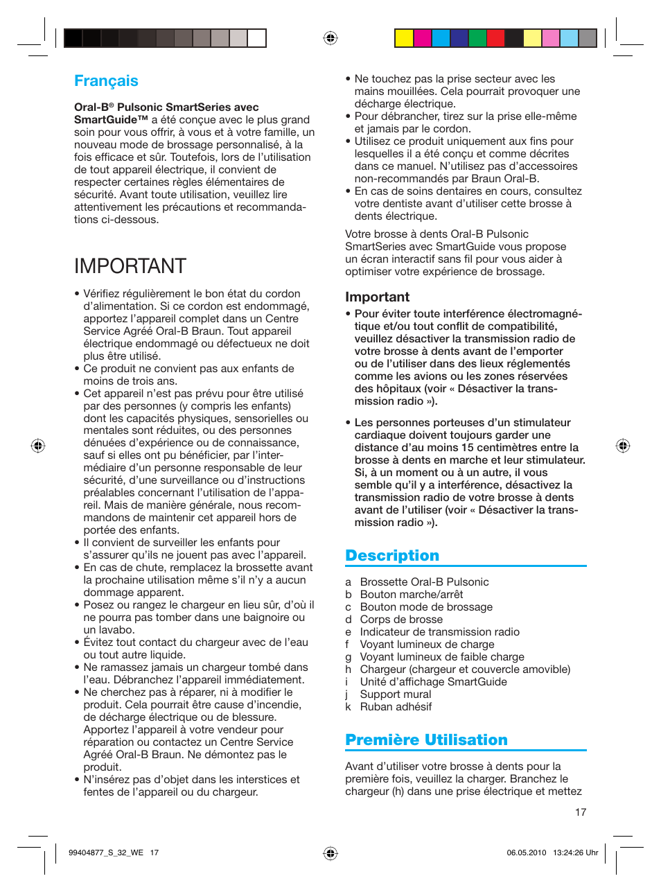 Important, Français, Description | Première utilisation | Braun S32.533.5 Pulsonic SmartSeries User Manual | Page 17 / 80