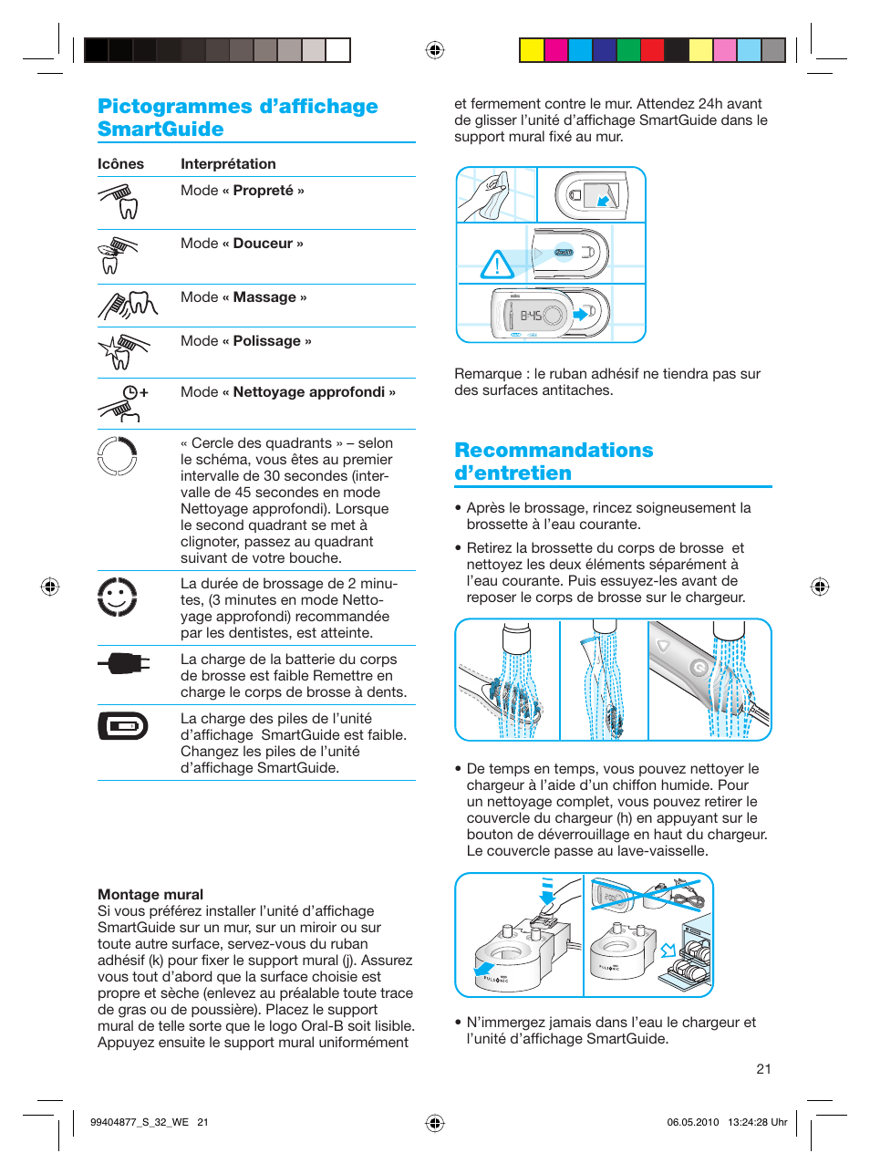 Pictogrammes d’affichage smartguide, Recommandations d’entretien | Braun S32.533.5 Pulsonic SmartSeries User Manual | Page 21 / 80
