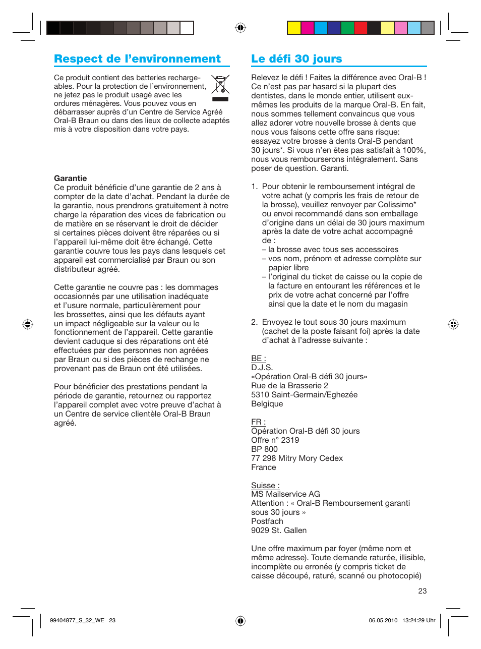 Respect de l’environnement, Le défi 30 jours | Braun S32.533.5 Pulsonic SmartSeries User Manual | Page 23 / 80