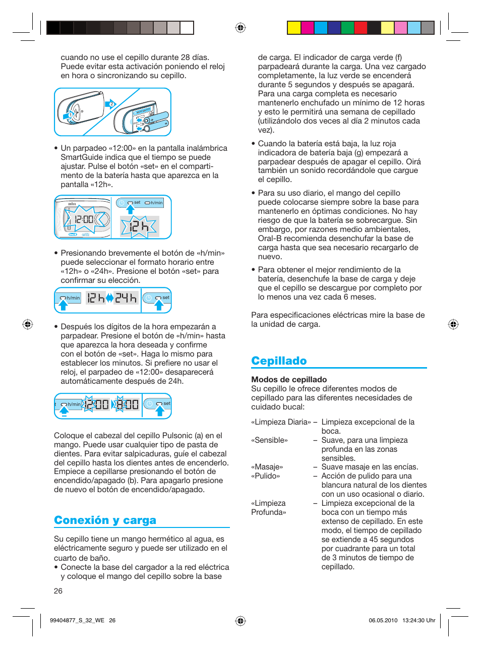 Conexión y carga, Cepillado | Braun S32.533.5 Pulsonic SmartSeries User Manual | Page 26 / 80
