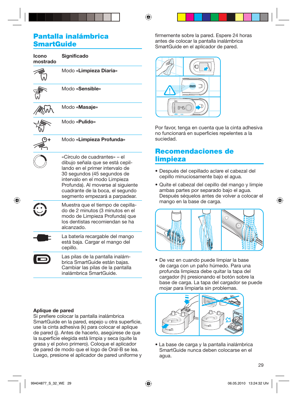 Pantalla inalámbrica smartguide, Recomendaciones de limpieza | Braun S32.533.5 Pulsonic SmartSeries User Manual | Page 29 / 80