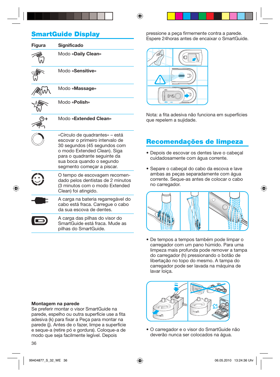 Smartguide display, Recomendações de limpeza | Braun S32.533.5 Pulsonic SmartSeries User Manual | Page 36 / 80