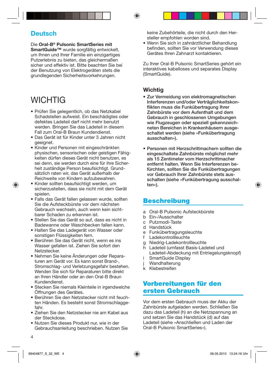 Wichtig, Deutsch, Beschreibung | Vorbereitungen für den ersten gebrauch | Braun S32.533.5 Pulsonic SmartSeries User Manual | Page 4 / 80