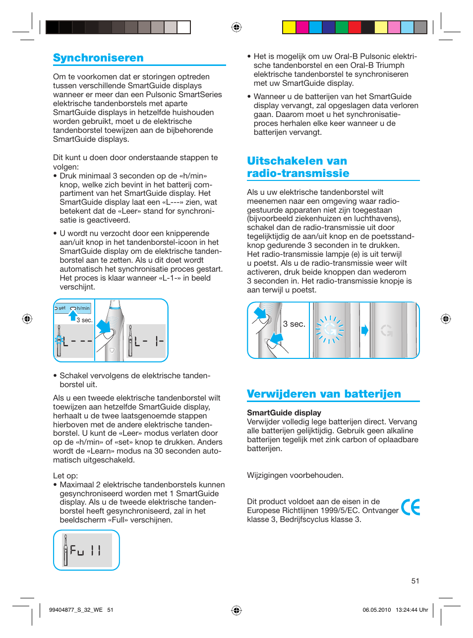 Synchroniseren, Uitschakelen van radio-transmissie, Verwijderen van batterijen | Braun S32.533.5 Pulsonic SmartSeries User Manual | Page 51 / 80