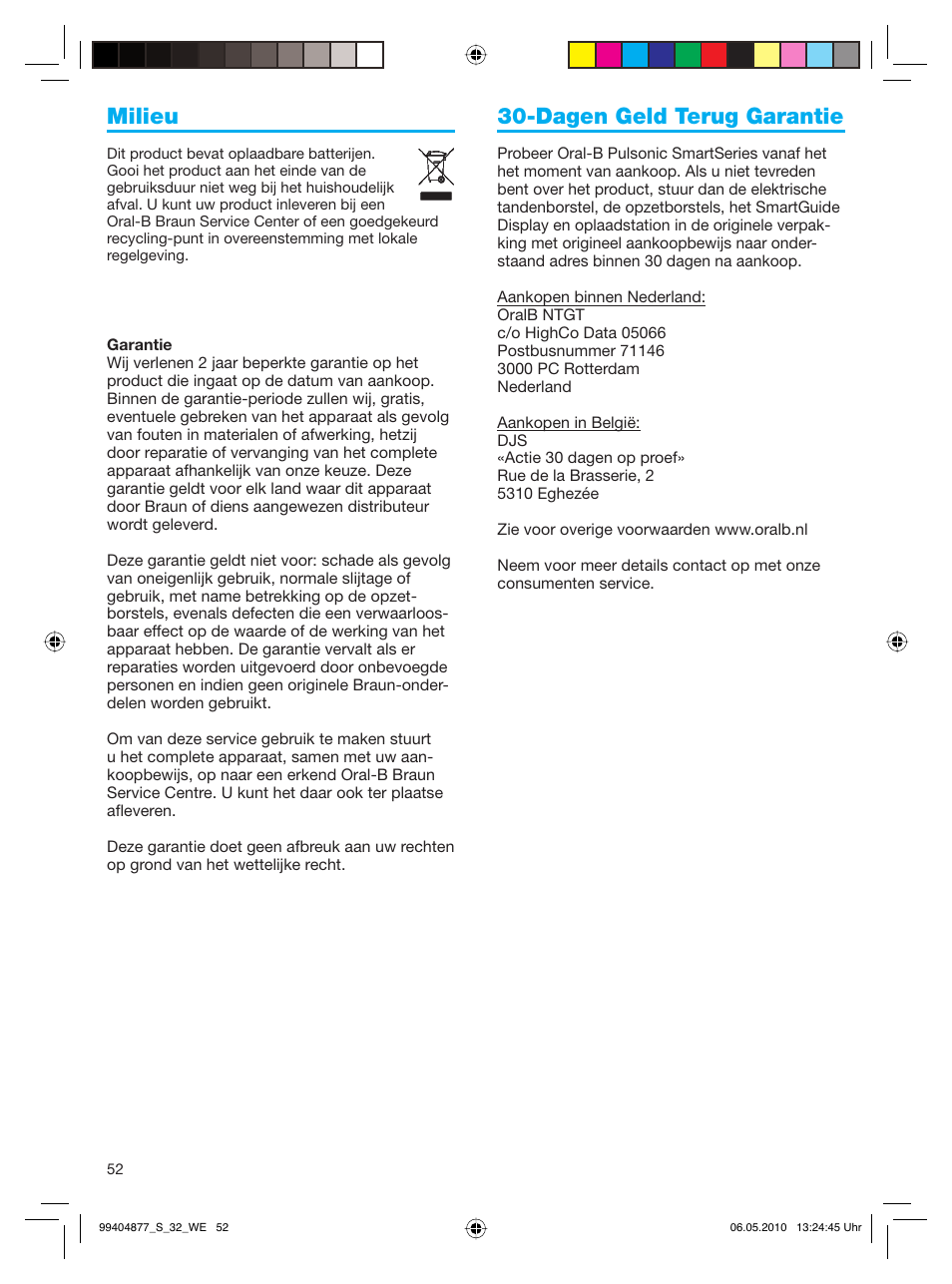 Milieu, Dagen geld terug garantie | Braun S32.533.5 Pulsonic SmartSeries User Manual | Page 52 / 80