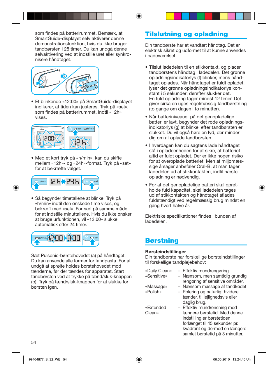 Tilslutning og opladning, Børstning | Braun S32.533.5 Pulsonic SmartSeries User Manual | Page 54 / 80