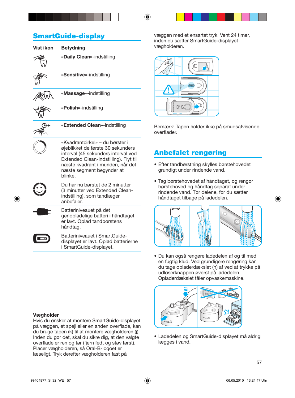 Smartguide-display, Anbefalet rengøring | Braun S32.533.5 Pulsonic SmartSeries User Manual | Page 57 / 80